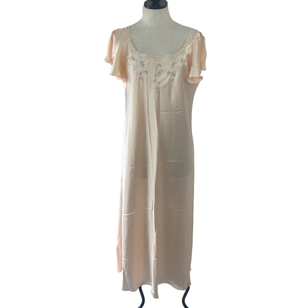 Eve Stillman Vintage Womens Nightgown Size Small Peach Lace Trim Flutter Sleeves